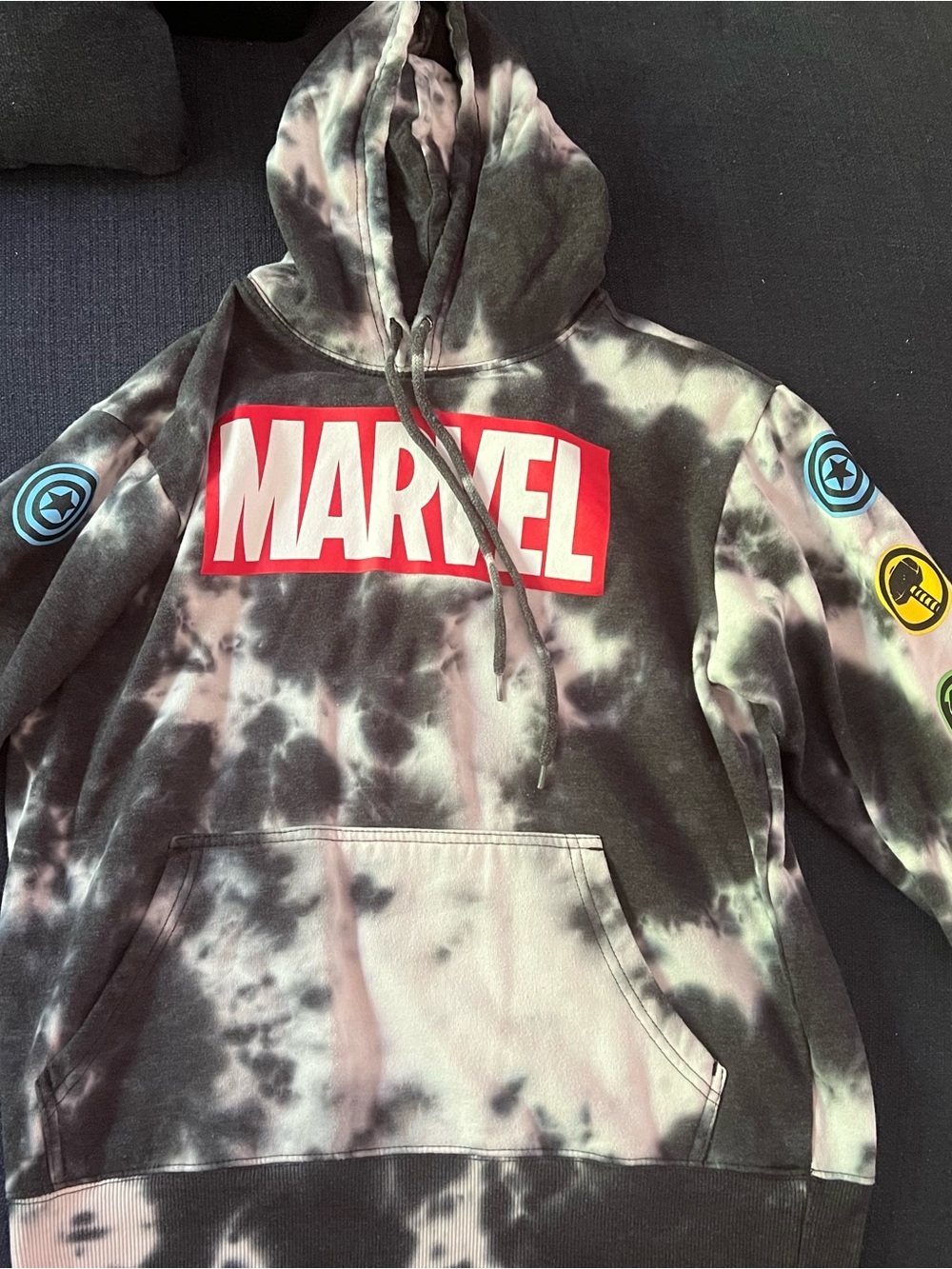 Marvel Tie-Dye Hoodie - Black, Gray, White with Red Logo